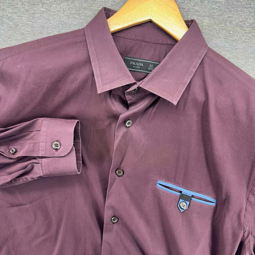 Prada Milano Burgundy Contrast Trim Pocket Stretch Shirt Size 42 16.5